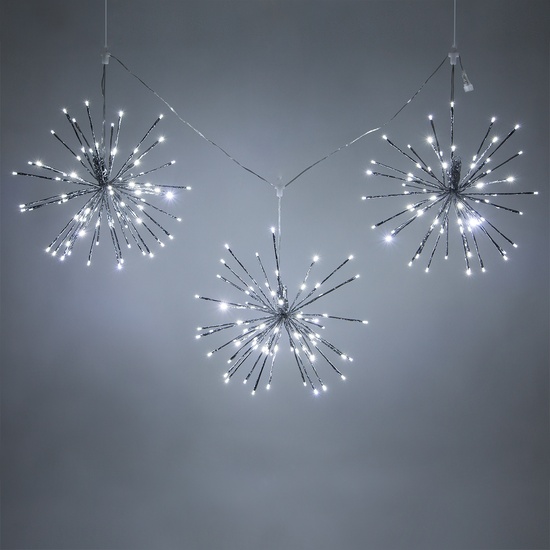 15" Silver Starburst Lighted Branches, Cool White LED Twinkle Lights, 3 pc