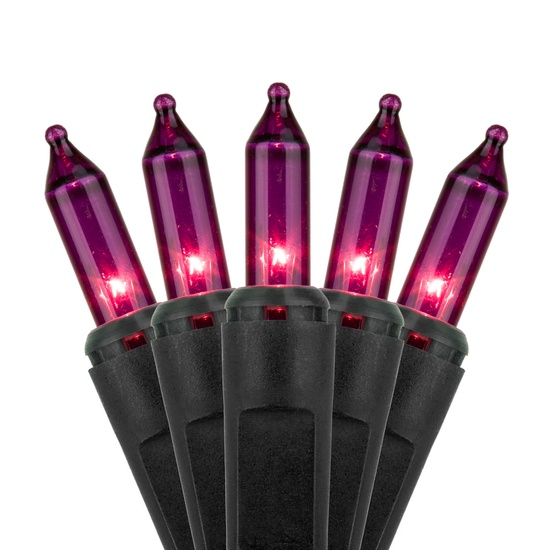 50 Purple Christmas Tree Mini Lights, 6" Spacing, Black Wire
