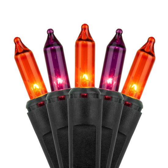 50 Purple, Orange Christmas Tree Mini Lights, 6" Spacing, Black Wire
