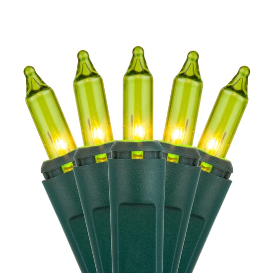 50 Chartreuse Christmas Tree Mini Lights, 6" Spacing, Green Wire