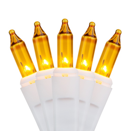 50 Gold Christmas Tree Mini Lights, 4" Spacing, White Wire