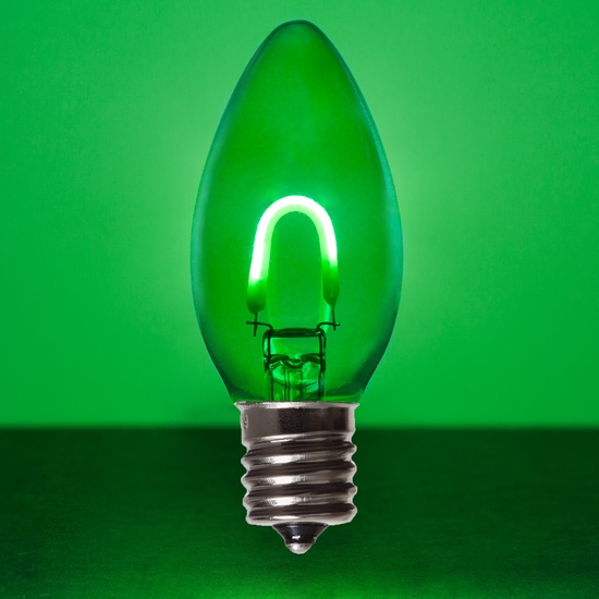 C9 120V Green FlexFilament TM LED Vintage Christmas Light Bulb, Transparent Glass LED Light Bulbs
