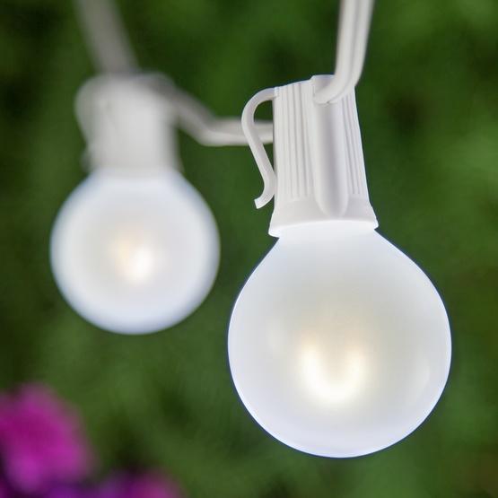 10' G50 Cool White FlexFilament TM LED Satin Globe String Lights, E17 Base, White Wire