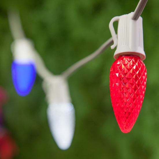 75' White Patio String Light Set with 75 C9 Red, White and Blue OptiCore LED Light Bulbs, E17 Bulbs