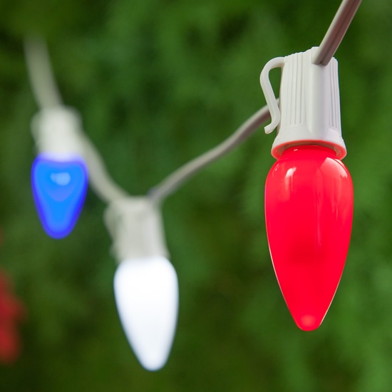 75' White Patio String Light Set with 75 C9 Red, White and Blue OptiCore LED Light Bulbs, E17 Bulbs