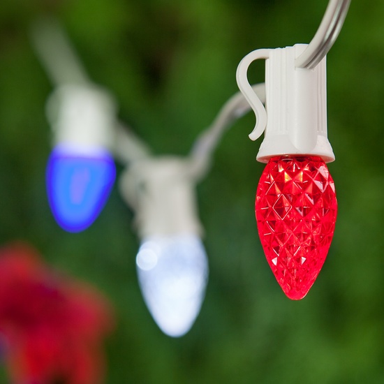 75' White Patio String Light Set with 75 C7 Red, White and Blue OptiCore LED Light Bulbs, E12 Bulbs