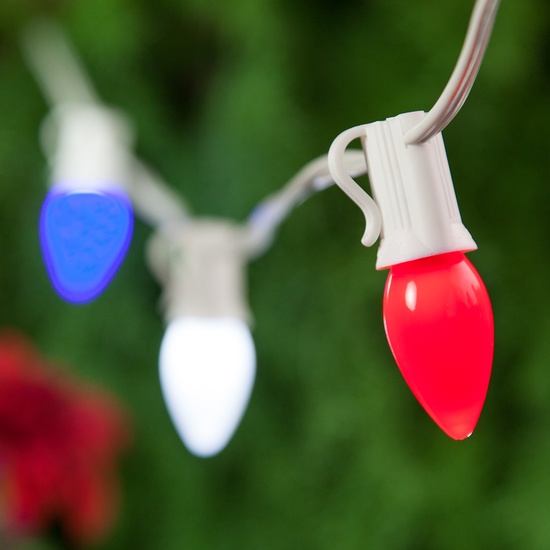 75' White Patio String Light Set with 75 C7 Red, White and Blue OptiCore LED Light Bulbs, E12 Bulbs