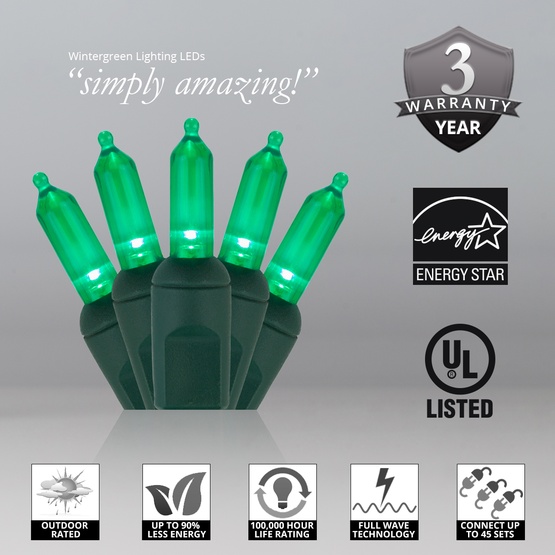 LED Christmas Lights 50 T5 Green LED Christmas Tree Lights, 6" Spacing