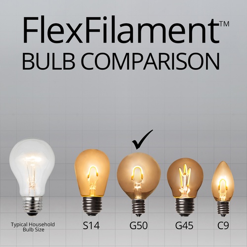 10' G50 Cool White FlexFilament TM LED Satin Globe String Lights, E17 Base, White Wire