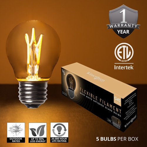 G45 120V Dimmable Warm White FlexFilament TM LED Edison Bulb Globe Light Bulb Antiqued Glass LED Light Bulbs