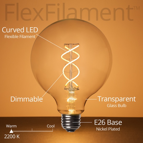 G125 120V Dimmable Warm White FlexFilament TM LED Edison Bulb Globe Light Bulb Transparent Glass LED Light Bulbs