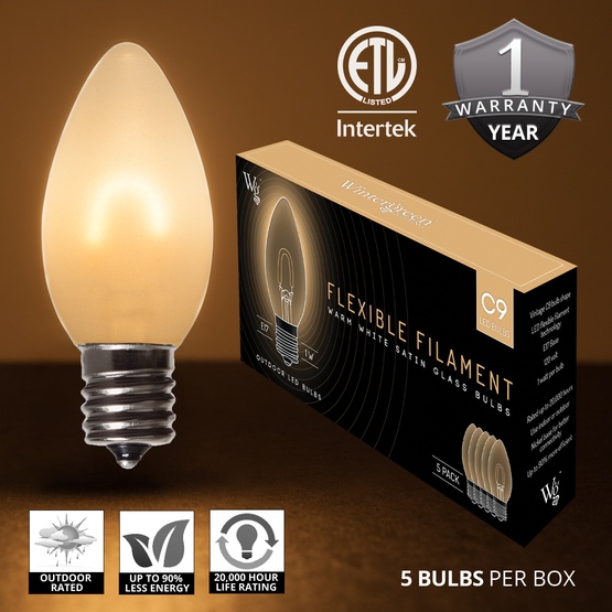 C9 Warm White Glass FlexFilament TM LED Vintage Christmas Light Bulb, Satin