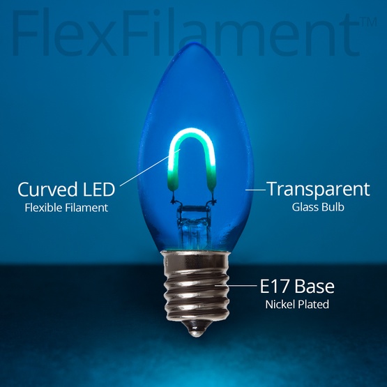 C9 120V Blue FlexFilament TM LED Vintage Christmas Light Bulb, Transparent Glass LED Light Bulbs