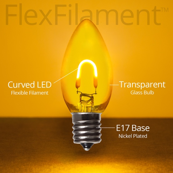 C9 120V Gold FlexFilament TM LED Vintage Christmas Light Bulb, Transparent Glass LED Light Bulbs