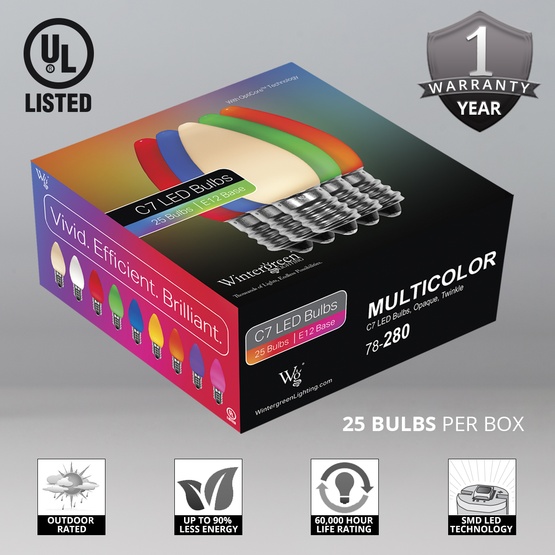 C7 Twinkle Multicolor Smooth OptiCore LED Christmas Light Bulbs