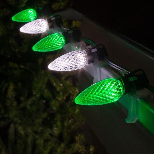 C9 Cool White / Green OptiCore Commercial LED Christmas String Lights, 50 Lights, 50'