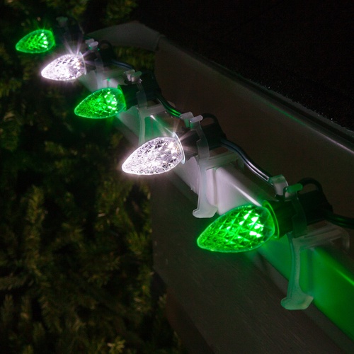 C7 Cool White / Green OptiCore Commercial LED Christmas String Lights, 50 Lights, 50'