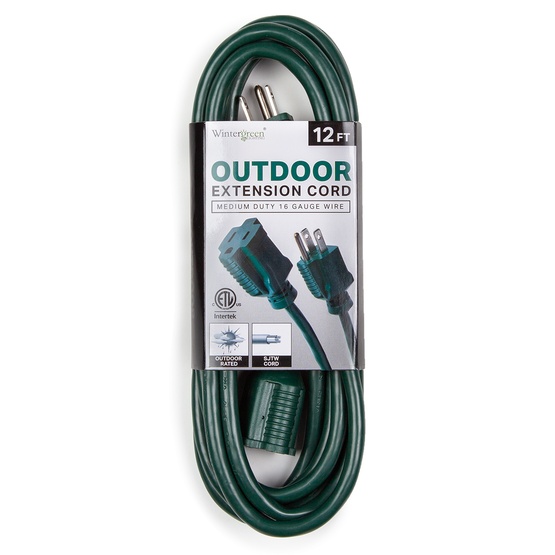 12' Green Medium Duty Extension Cord, Indoor / Outdoor Use