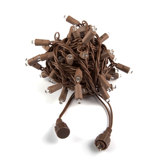 50 Low Voltage Commercial 5mm Warm White LED Christmas Lights, 6" Spacing, Brown Wire