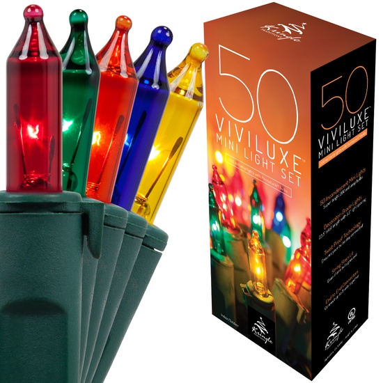 50 Viviluxe TM Multi Color Christmas Mini Lights, 5.5" Spacing, Green Wire