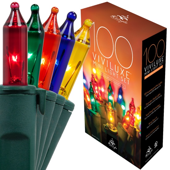 100 Viviluxe TM Multi Color Christmas Mini Lights, 5.5" Spacing, Green Wire