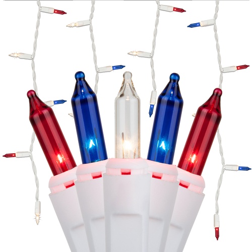 150 Red, White and Blue Icicle Lights - White Wire