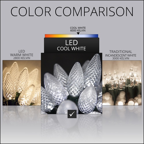 LED Christmas Lights 25 C9 Cool White LED Christmas Lights, 8" Spacing