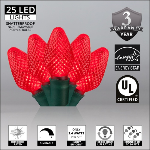 LED Christmas Lights 25 C7 Red LED Christmas Lights, 8" Spacing