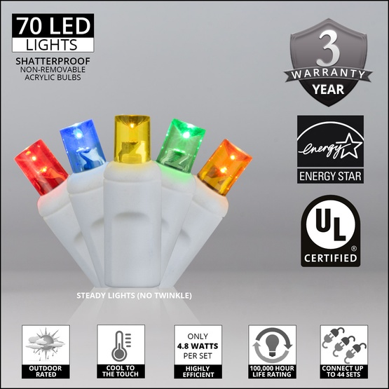 70 5mm Multi Color LED Christmas Lights, 4" Spacing, White Wire