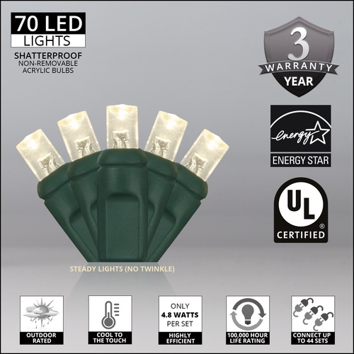 70 5mm Warm White LED Christmas Lights, 4" Spacing, Contractor Pack
