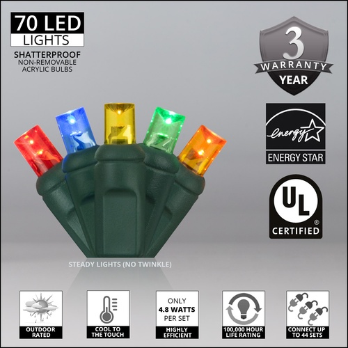 70 5mm Multi Color LED Christmas Lights, 4" Spacing, Contractor Pack
