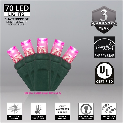 Wide Angle 5MM LED Lights 70 5mm Pink LED Christmas Lights, 4" Spacing