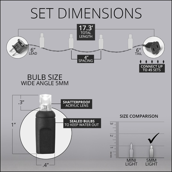 50 5mm Warm White LED Christmas Lights, 4" Spacing