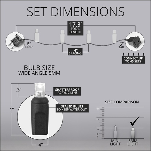 50 5mm Warm White LED Christmas Lights, 4" Spacing