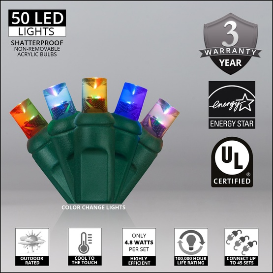 50 5mm Multi Color Color Change LED Christmas Lights, 4" Spacing