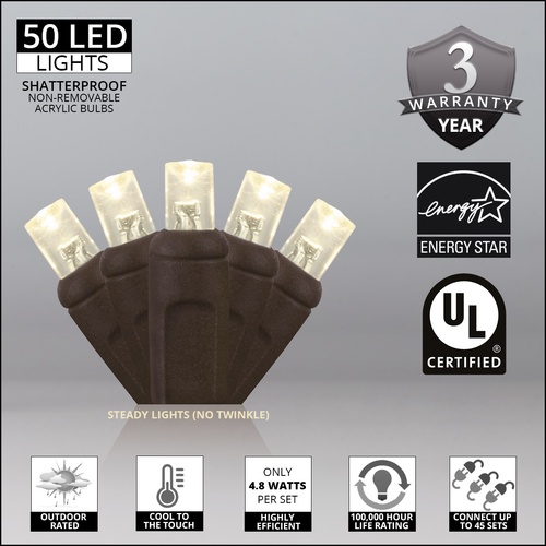 50 5mm Warm White LED Christmas Lights, 6" Spacing, Brown Wire