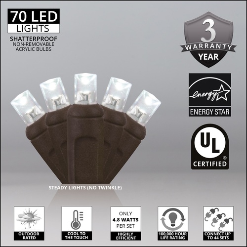 70 5mm Cool White LED Christmas Lights, 4" Spacing, Brown Wire