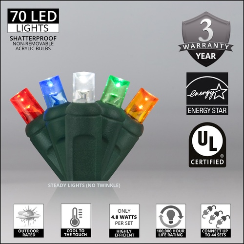 70 5mm Multi Color LED Christmas Lights, 4" Spacing