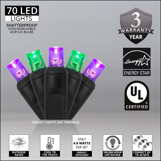 70 5mm Purple, Green LED Halloween Lights, 4" Spacing, Black Wire