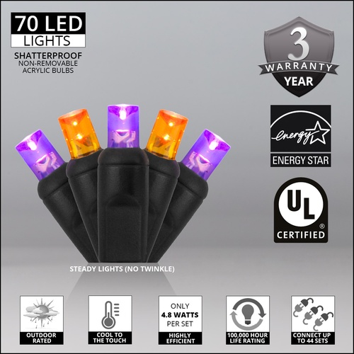 70 5mm Purple, Orange LED Halloween Lights, 4" Spacing, Black Wire