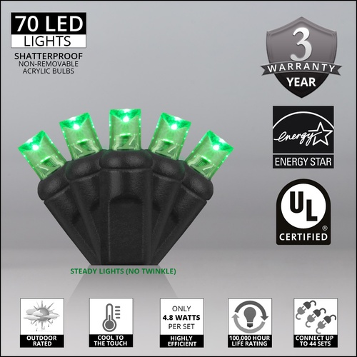 70 5mm Green LED Halloween Lights, 4" Spacing, Black Wire