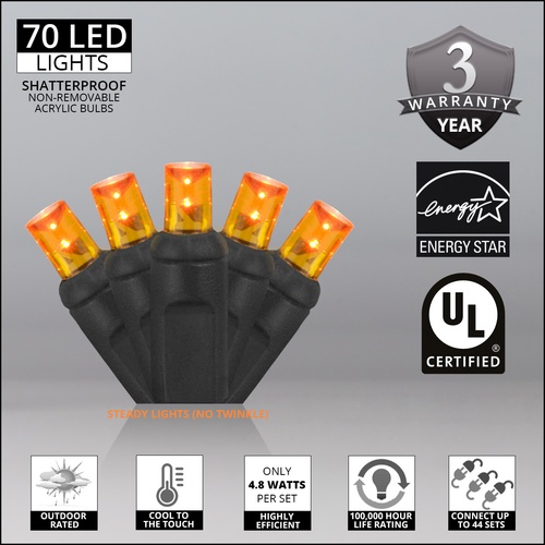 70 5mm Amber LED Halloween Lights, 4" Spacing, Black Wire