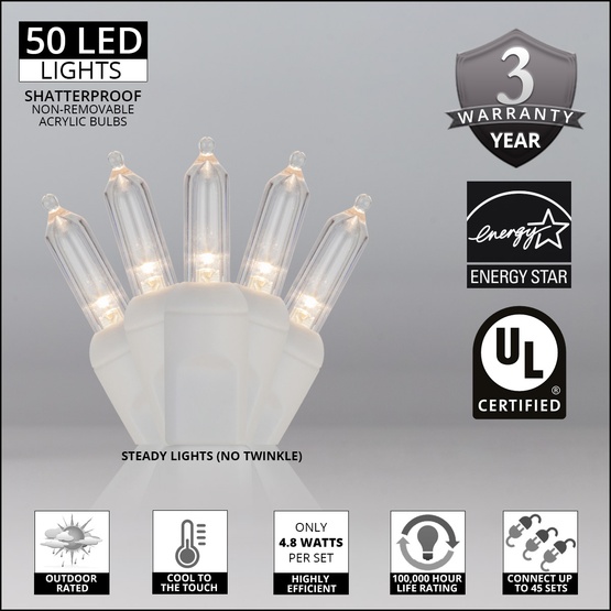 50 T5 Warm White LED Christmas Tree Lights, 4" Spacing, White Wire