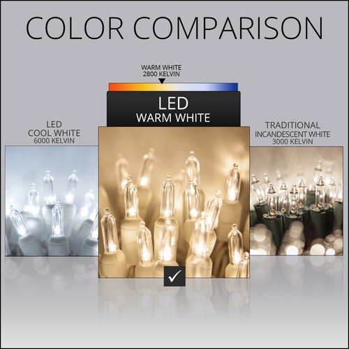 50 T5 Warm White LED Christmas Tree Lights, 4" Spacing, White Wire