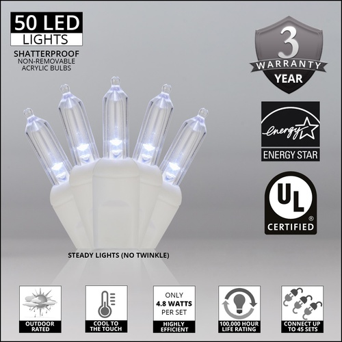 50 T5 Cool White LED Christmas Tree Lights, 4" Spacing, White Wire