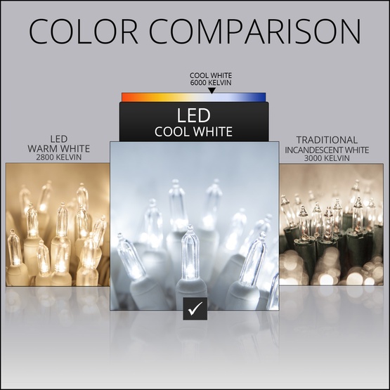 50 T5 Cool White LED Christmas Tree Lights, 4" Spacing, White Wire