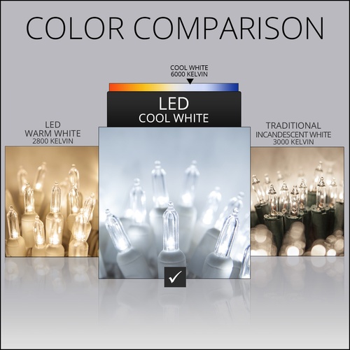 50 T5 Cool White LED Christmas Tree Lights, 4" Spacing, White Wire