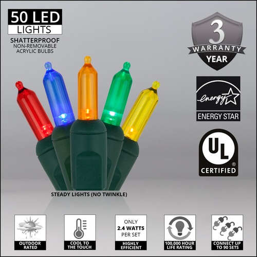 50 T5 Multi Color LED Christmas Tree Lights, 6" Spacing