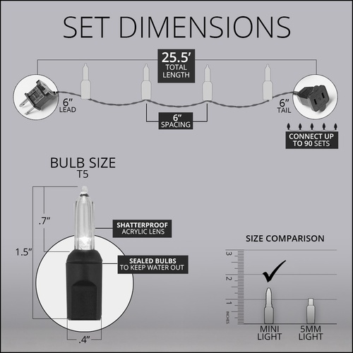 50 T5 Multi Color LED Christmas Tree Lights, 6" Spacing
