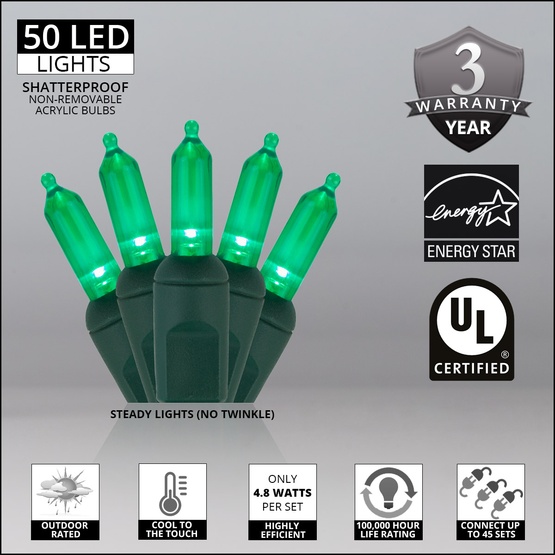 50 T5 Green LED Christmas Tree Lights, 6" Spacing